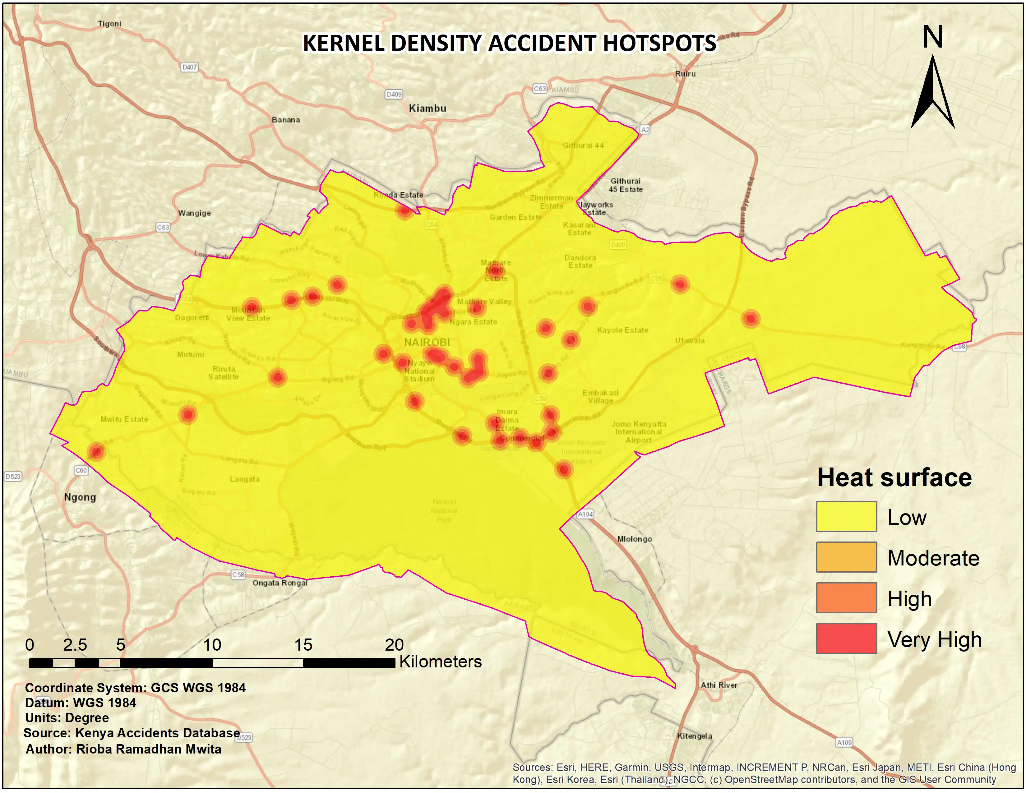 Kernel density map showing road accident hotspots in Nairobi